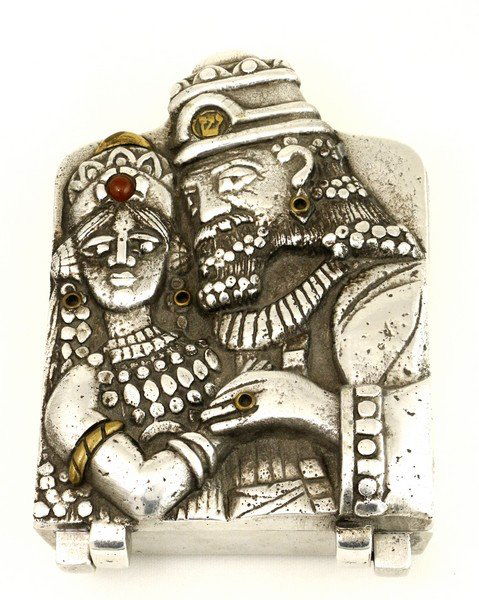 A BOX BY FRANK MEISLER. Israel, c. 1980. Decorated with: A BOX BY FRANK MEISLER. Israel, c. 1980. Decorated with a High Priest and his wife. Number 143/250. Signed with original paper inserts. 7.5” tall. Estimate $300 – 500