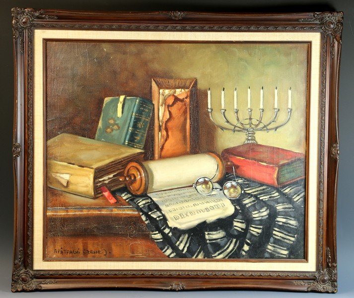 A JUDAIC OIL PAINTING. Probably American, c. 1900. Of: A JUDAIC OIL PAINTING. Probably American, c. 1900. Of still life including a menorah and a scroll. Signed Czene Afatfoli. 18” x 24”. Estimate $300 – 400
