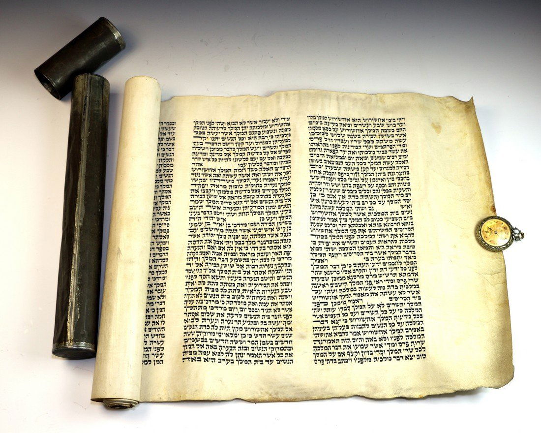 A LARGE MEGILLAT ESTHER IN ORIGINAL TIN CONTAINER. (1 of 1)