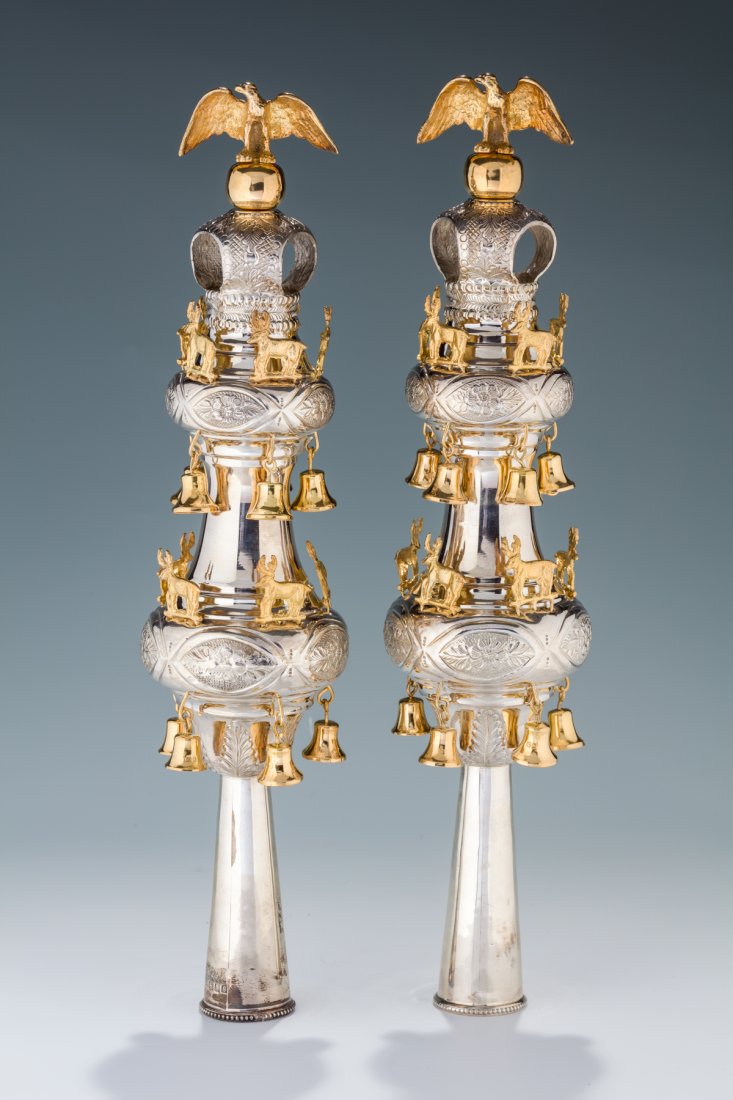 A PAIR OF STERLING SILVER TORAH FINIALS .London, c. (1 of 9)