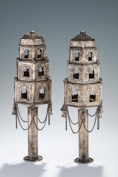 A PAIR OF SILVER TORAH FINIALS.  Algeria, c.1900. (1 of 1)