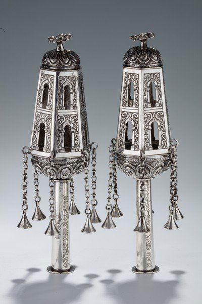 A PAIR OF SILVER TORAH FINIALS. Algerian, c. 1880. On (1 of 1)