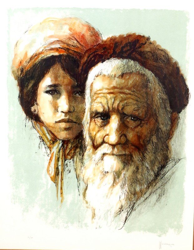 WILLIAM WEINTRAUB. Israel, c. 1960. Artist’s proof. Old: WILLIAM WEINTRAUB. Israel, c. 1960. Artist’s proof. Old and young Yemenite. 22” x 12”.