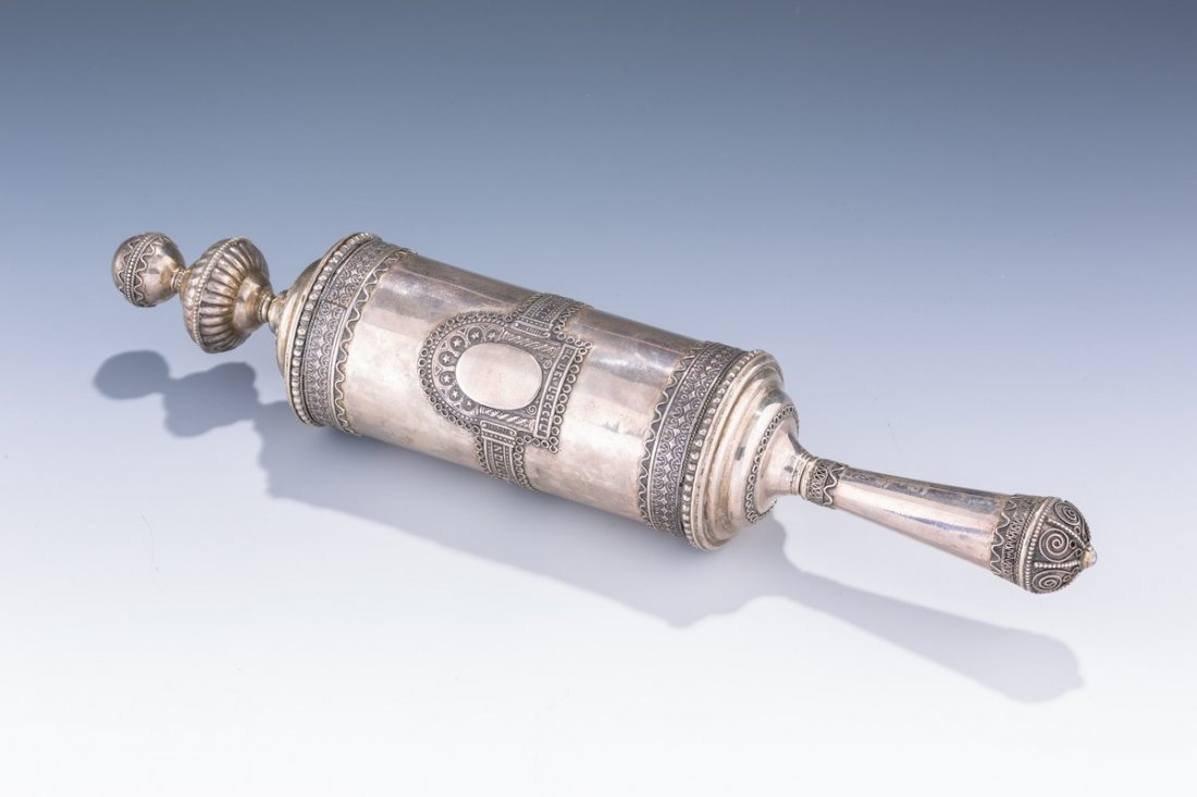 A SILVER MEGILLAH HOLDER BY BEZALEL WITH MEGILLAH. (1 of 1)