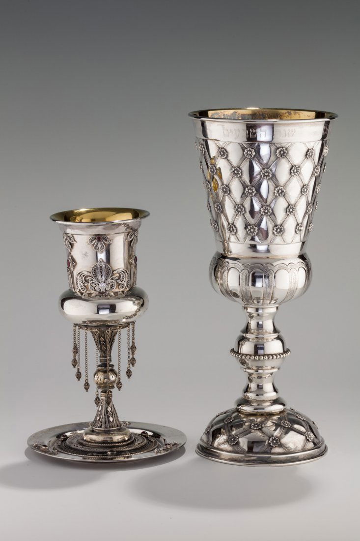 TWO MASSIVE STERLING SILVER KIDDUSH GOBLETS. Israel, c. (1 of 1)