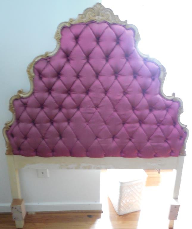 French Provincial Headboard: Twin Size, Antique Finish, Purple Satin Upholstery, H 55". This Lot Is Locate Onsite And Will Be Available To Pick Up On Wednesday July 30th