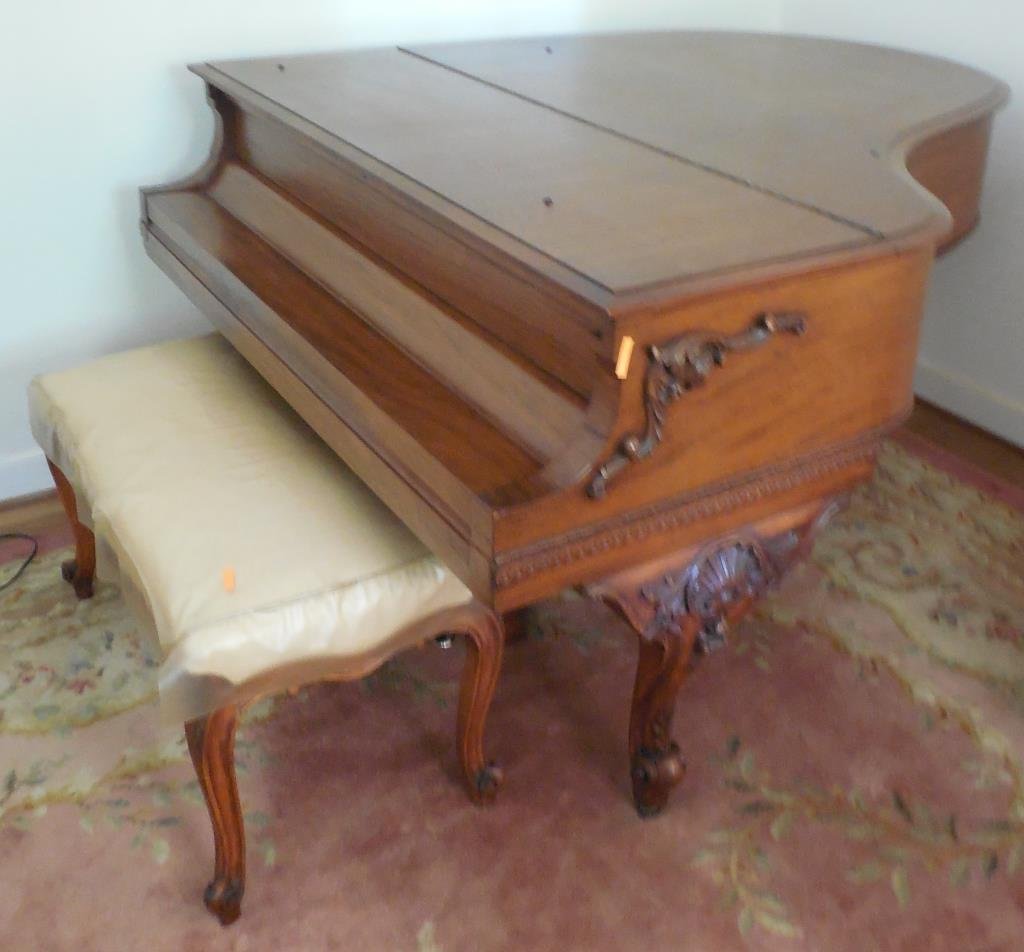 Steinway sons parlor grand piano: Excellent Condition, Rococo Carved, Complete With Bench, 38" X 58 1/2" X 71". This Lot Is Locate Onsite And Will Be Available To Pick Up On Wednesday July 30th