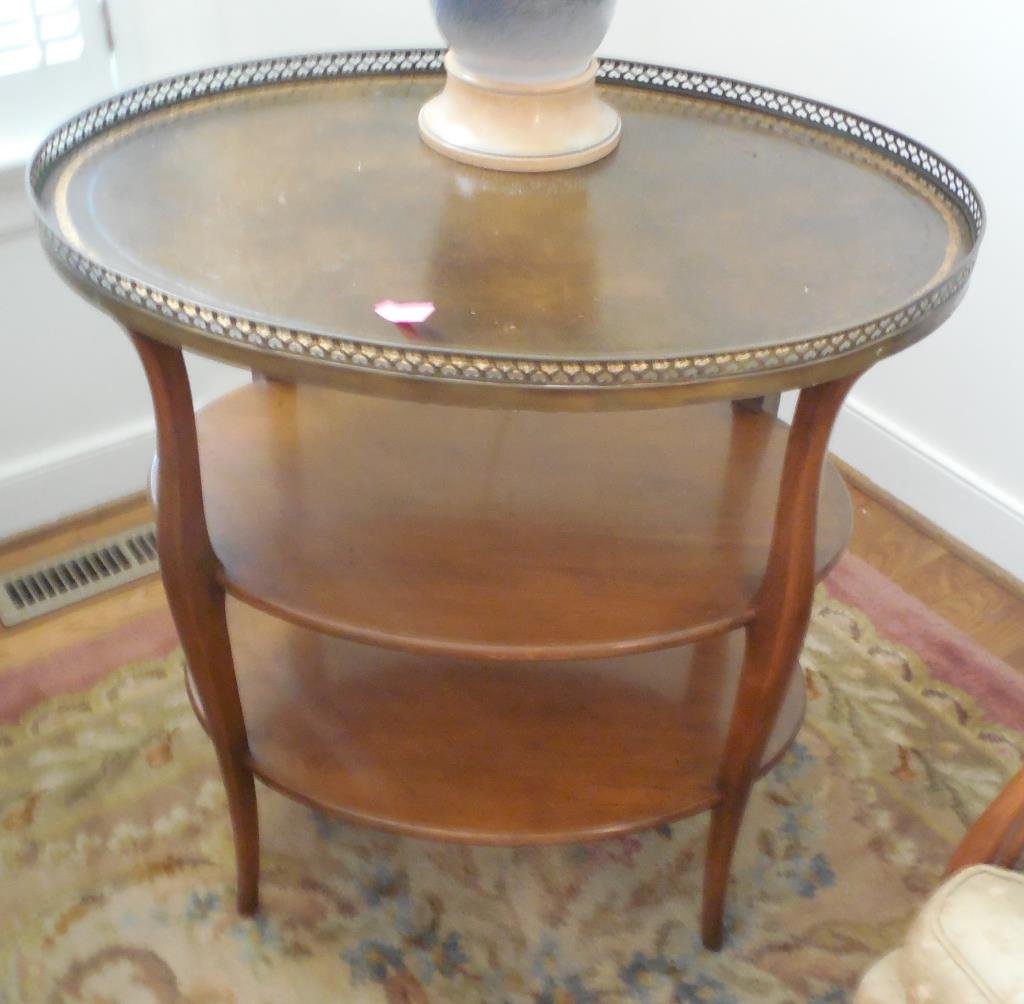 French Three Tier Side Table: Gallery Top, Mahogany, Signed Read As "de Gast And Palau", 27 1/8" X 25 1/2" X 18 3/4". This Lot Is Locate Onsite And Will Be Available To Pick Up On Wednesday July 30th
