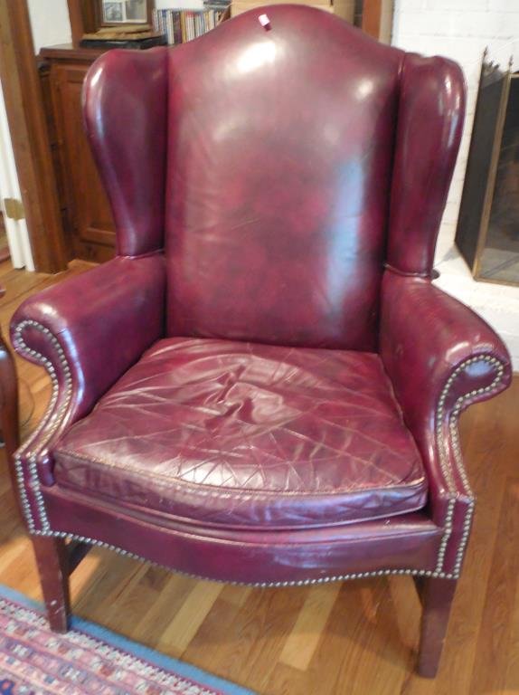 Leather Wingback Chairs, Pair: By Classic, Circa 1982, Tack Embellished, H 43 1/2". This Lot Is Locate Onsite And Will Be Available To Pick Up On Wednesday July 30th