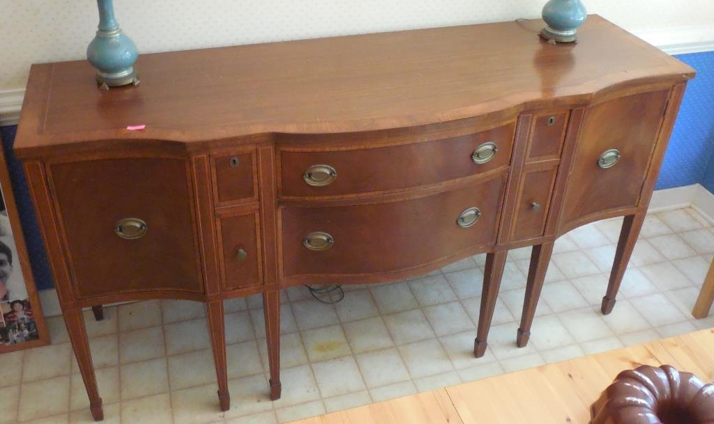 Sheraton Style Sideboard: Mahogany, Two Drawer, Two Cupboard, Two Cellaret Drawers Able To House Ten Bottles, 38 1/4" X 24" X 72". Contents Not Included. This Lot Is Locate Onsite And Will Be Available To Pick Up On Wednesday 