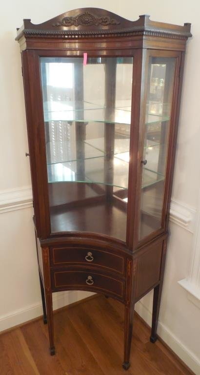 Hepplewhite Vitrine: Bell Flower Inlay, Mirrored Back, Glass Shelves Original Finish, Two Drawer, 64" X 29" X 25". This Lot Is Locate Onsite And Will Be Available To Pick Up On Wednesday July 30th