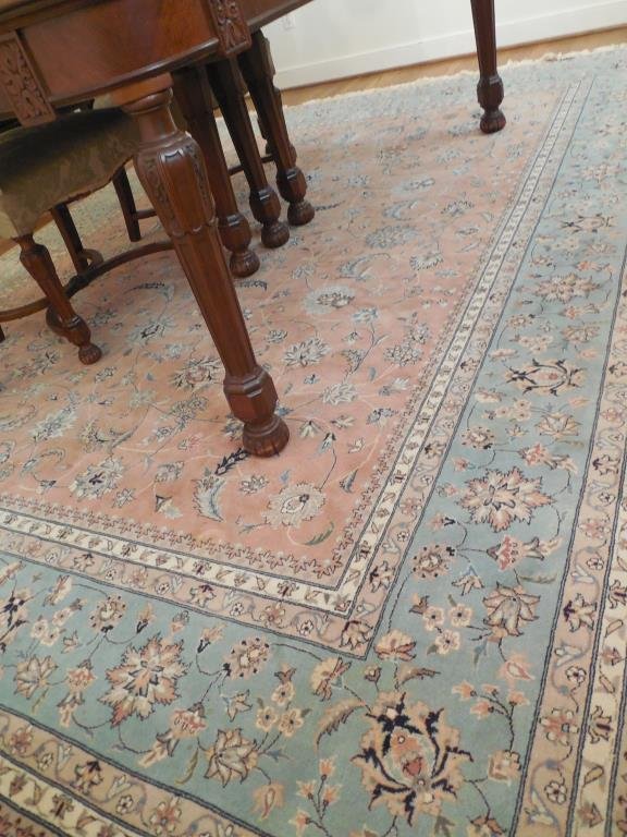 Large Area Rug: Foliate Design, Pink And Blue Fields, 9' X 12'. This Lot Is Locate Onsite And Will Be Available To Pick Up On Wednesday July 30th