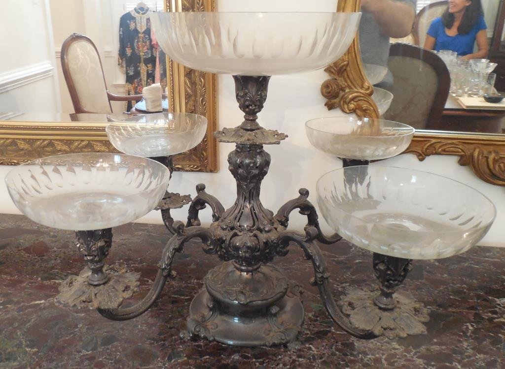 Silver Plated Reed and Barton Epergne: Sticker Present, Pierced Frame, Crystal Bobeches, 15" X 17" X 17". This Lot Is Locate Onsite And Will Be Available To Pick Up On Wednesday July 30th