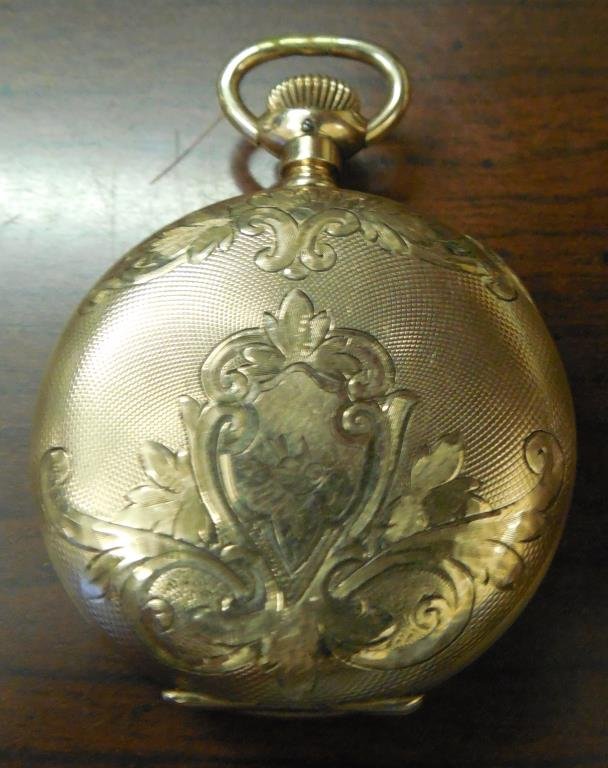 Hampden / Dueber Case Ladies Pocket Watch: Pocket Watch, Hampden Molly Stark, Dueber Hunting Case Ladies, Enameled Dial Marked Hampden With Arabic Numerals On Ring, Seconds Dial Below Center With Arabic Every 10 Seconds, Foliate Chased Case, M