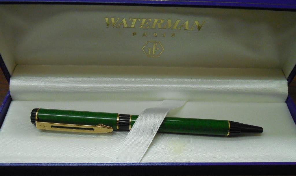 Waterman Ballpoint Pen: Circa 1990s, Made In France During The Gillette Era Of Waterman Ownership, Green Lacquer Finish With Darker Green Accents, Gold Electroplated Trim And Clip, Cap Actuated To Extend And Retract Waterman