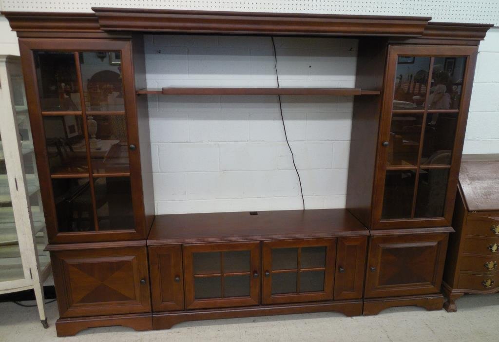 Contemporary Flat Panel Entertainment Cabinet: Five Sections, Lighted Bridge, Four Concealed Cupboards, Three Glass Cupboards, 73 1/2" X 100" X 17"