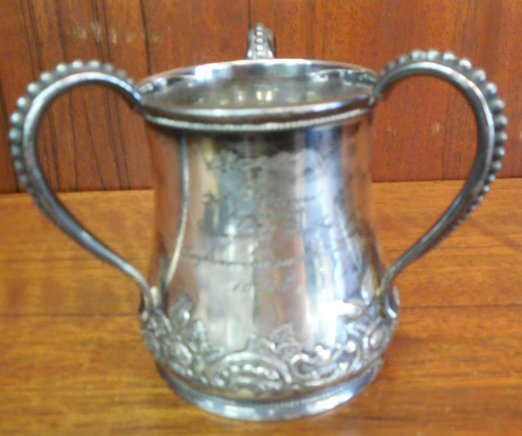 1896-7 Silver Plated Loving Trophy Cup: Wilcox Silver, Inscribed " Awarded By H. G. Greene Supervisor To Calvin Dudley For Improvement In Writing 1896-7", 4" X 4"