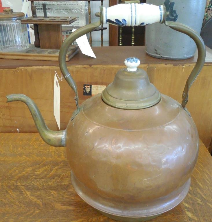 Large Copper Tea Kettle: Porcelain Handles, Constructed To Fit Eye Of Stove, 17 1/2" X 17"