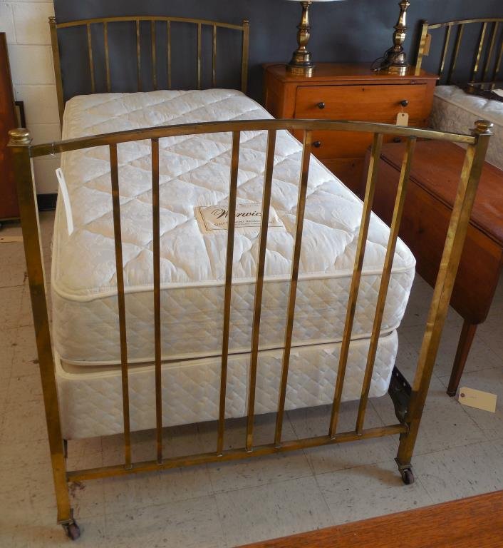 Antique Brass Beds, Pair: First Quarter 20th Century, Square Tube Construction, Casters Present, Complete Box Spring And Mattress, 44" X 40" X 78"