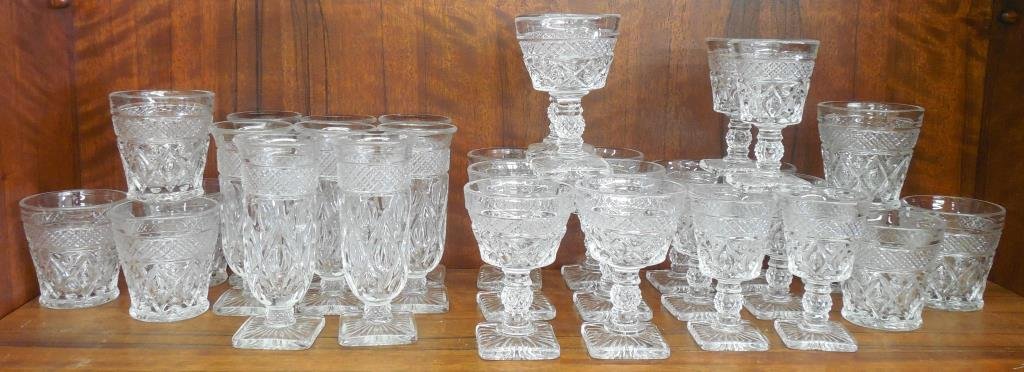" Cape Cod" Patten Glass By Imperial, 32 Pieces: (8) Parfait, H 5 7/8", (8) Old Fashioned, H 3 3/8", (8) Liquor Cocktail, H 4 5/8", (8) Cordial Glass, H 4 3/8"