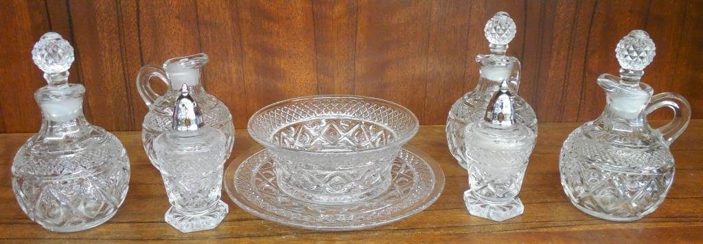 " Cape Cod" Patten Glass By Imperial, 11 Pieces: ( Pr) Salt And Pepper, H 3 3/4", (4) Cruets, H 5 1/2", (1) Mayonnaise With Under Plate