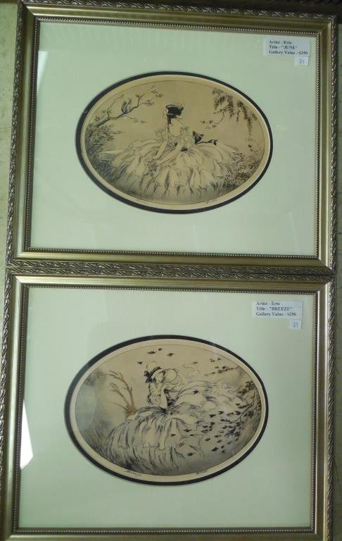 Erte Artwork, 2 Pieces: Custom Framed And Matted, Gallery Price $250.00, 14 1/2" X 17 1/2" (1) " June" , (1) Breeze, (#25)