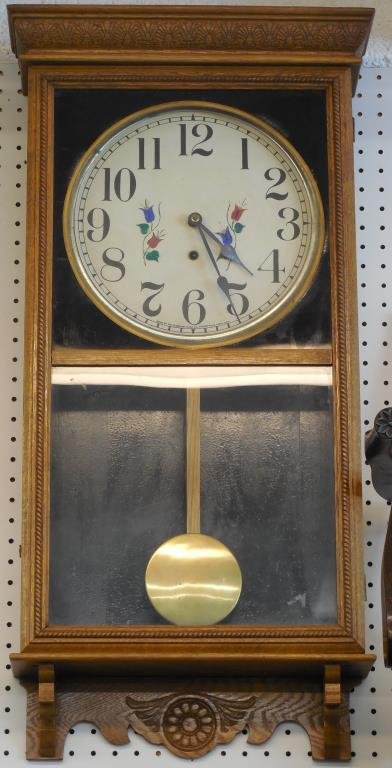 Antique Regulator Clock: Oak Case, Tole Painted Face, 36" X 16"
