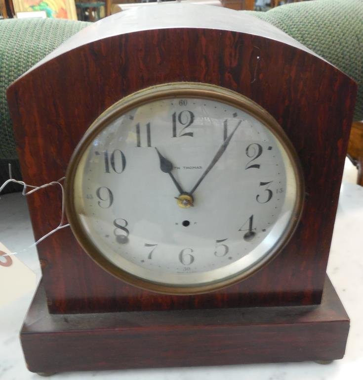 Seth Thomas Clock: Burled Veneer, Dome Top, 9" X 9" X 5 1/2"
