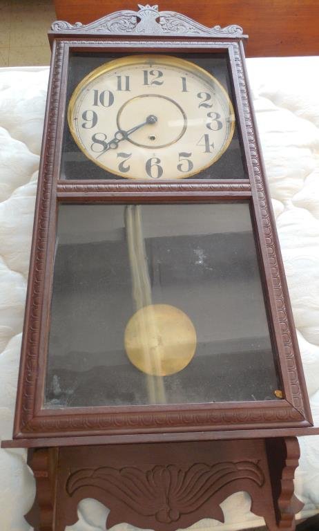 Antique Wall Regulator Clock: Early Finish, Gingerbread Molding, 37" X 15 1/2"