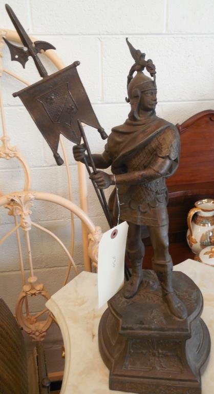 Spelter Warrior Statue: Roman Warrior, Holding Flag And Spear, Cast Bronze Finish, 20 1/2" X 7 X 6"