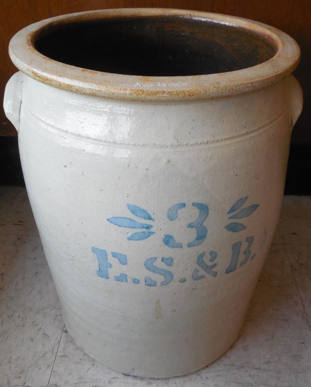 3 Gallon E. S. B Stone Ware Crock: Cobalt Stenciling, Applied Handles, Tapered Rim, 13" X 10 1/2",