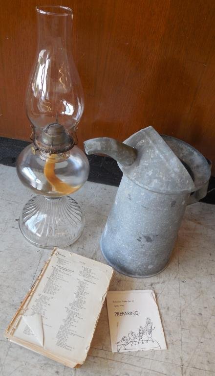 Estate Collectibles, 3 Pieces: (1) Kerosene Lamp, H 18, (1) Shop Can, H 13", (1) Antique Cookbook