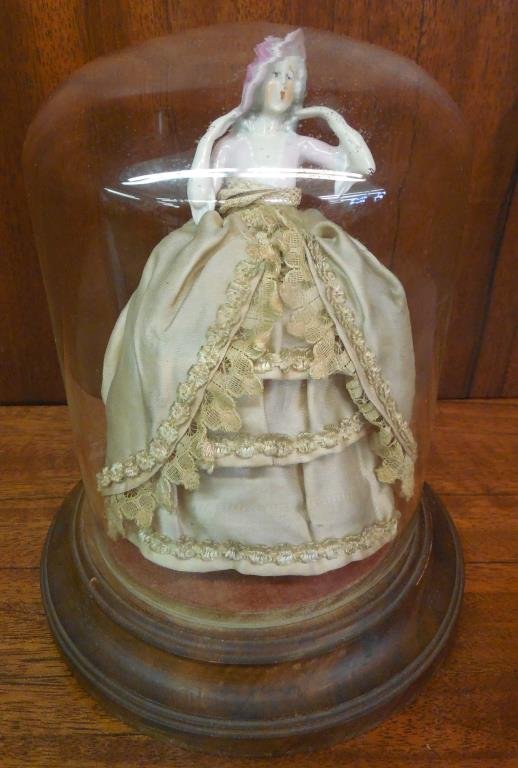 Antique Porcelain Lady Pin Cushion Half Doll: Probably German Porcelain, Hand Painted, In Satin And Lace Gown, Displayed In A Early Bell Dome With Wood Base, Doll: H 7 1/2", Dome: 9" X7 1/2"