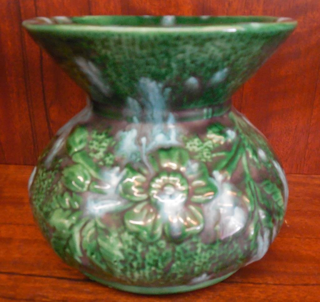Antique Victorian Floral Leaf Majolica Spittoon: Green And Turquoise, Raised Floral And Leaf Design, Unmarked, 6 1/2" X 8"