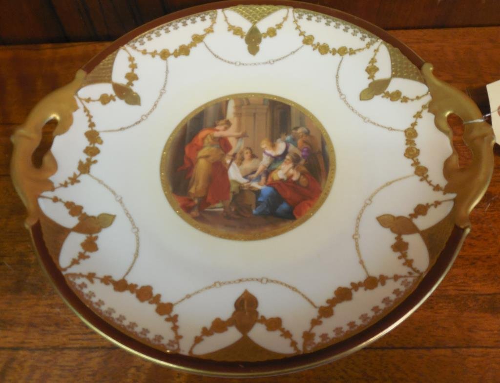 Mz Austria ( Moritz Zdekauer) Porcelain Plate: Hand Finished, Transfer Decorated, Pierced Handles, D 10"