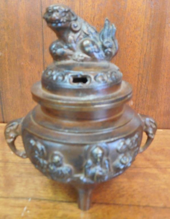 Oriental Incense Burner: Cast Metal, Foo Dog Finial, Elephant Handles, Raised Buddhist Relief, 5 1/2" X 4 1/2"