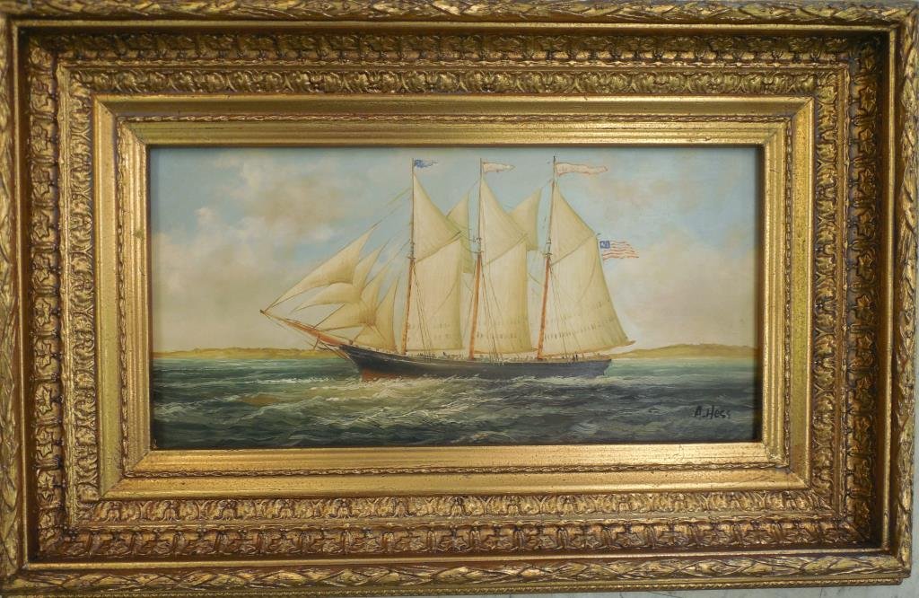 Nautical Oil On Board: Signed A. Hess, 4" Coved Gilt Molded Frame, Overall Size: 15" X 23"