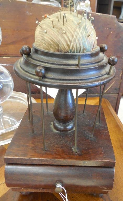 Empire " Bird Cage" Pin Cushion: 19th Century, Single Drawer, Original Finish, 8" X 4" X 4 1/2"