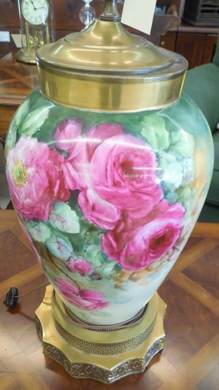 Monumental Nippon Lamp: Hand Painted, Rose Decoration, Gallery Base, Single Light, H 35"