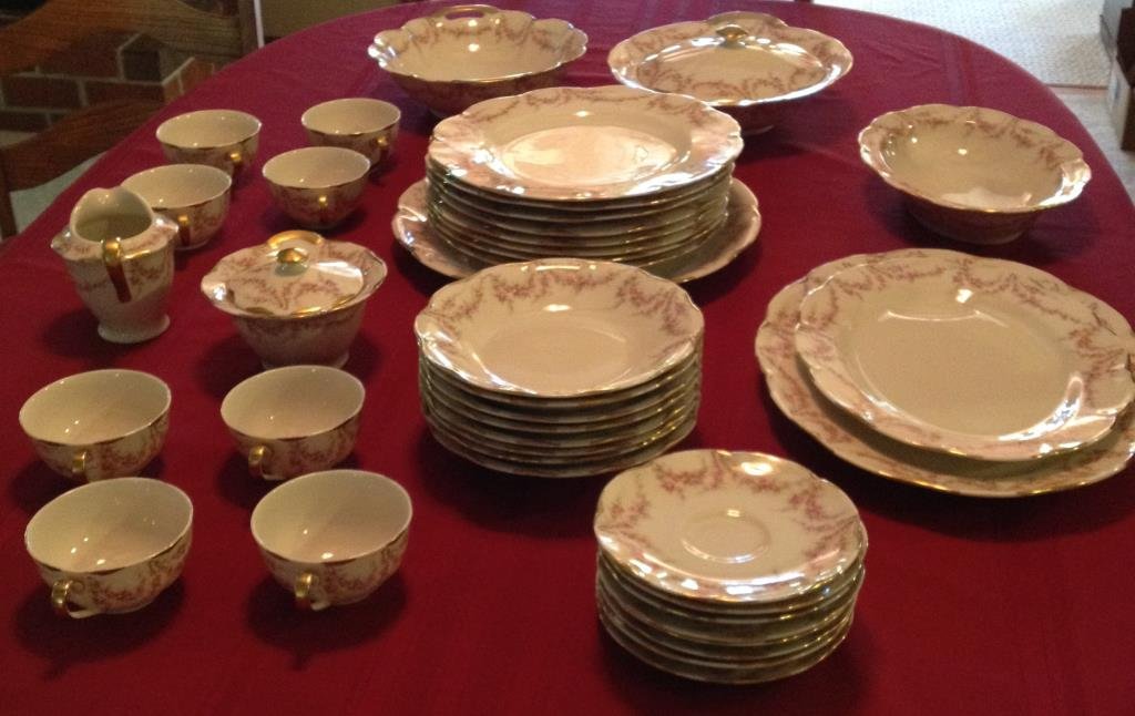 Haviland China " Varenne", 40 Pieces: Service For 8, (8) Dinner Plates, D10", (8) Bowls, D 7 1/2", (8) Cups And Saucers, (1) Creamer, (1) Lidded Sugar, (1) Serving Platter, L 11 1/2", (1) Serving Platter, L 14", (1) Vegetable, L 9", (1) S
