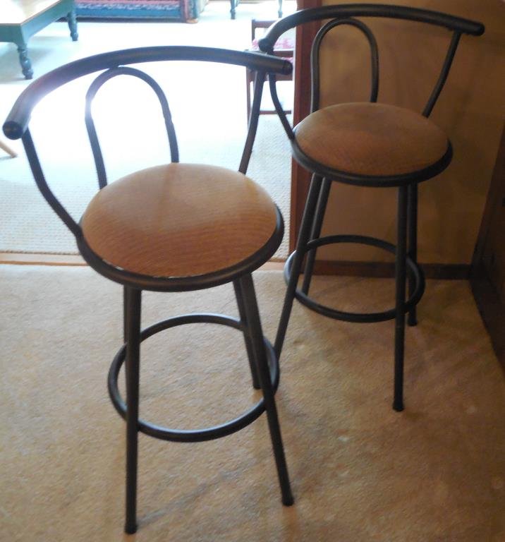 Contemporary Bar Stools, Pair: Metal Frame, Upholstered Swivel Seats, Seat Height: H 30". This Lot Is Locate Onsite And Will Be Available To Pick Up On Wednesday August 6th
