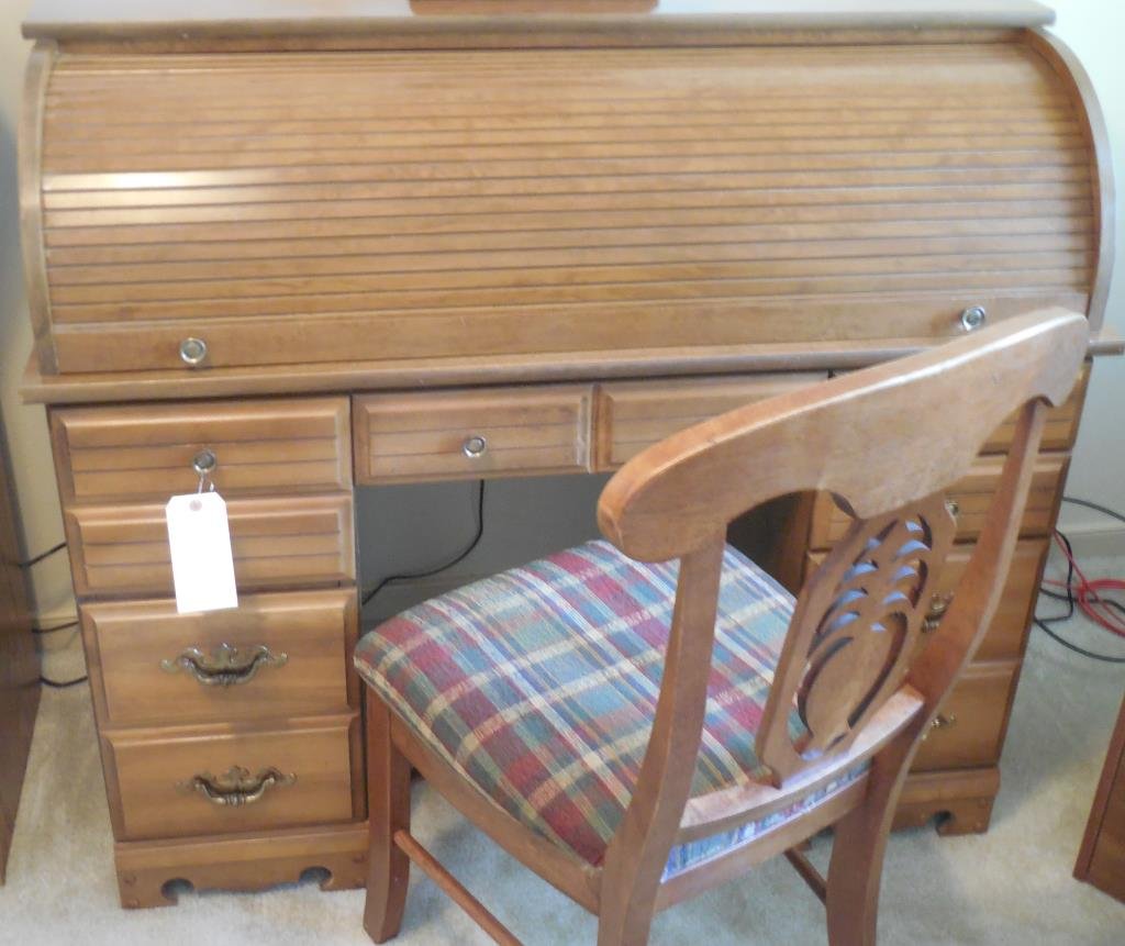 Contemporary Roll Top Desk With Chair: Five Drawer, Fitted Interior, Contents Not Included, 41" X 21" X 48". This Lot Is Locate Onsite And Will Be Available To Pick Up On Wednesday August 6th