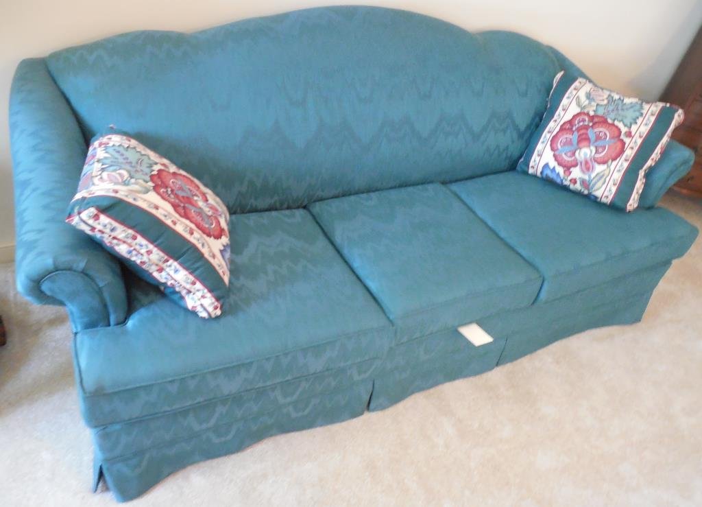 Sofa Plus, Convertible Sofa: Three Cushion, Camel Back, Green Flame Stitch Upholstery, L 81". This Lot Is Locate Onsite And Will Be Available To Pick Up On Wednesday August 6th