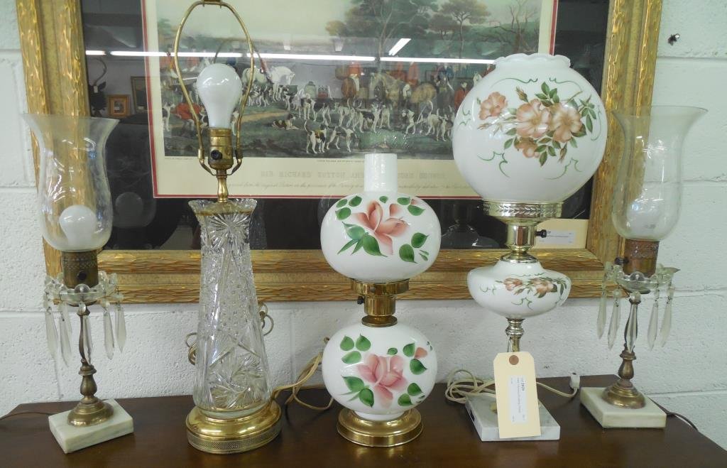 Estate Collection Of Lighting, 5 Pieces: (pr) Lusters, H 18 1/2", (1) Crystal Vase Lamp, H 25", (1) Marble Base Lamp With Globe Shade, H 21", (1) Vintage Lamp, H 16 1/2"