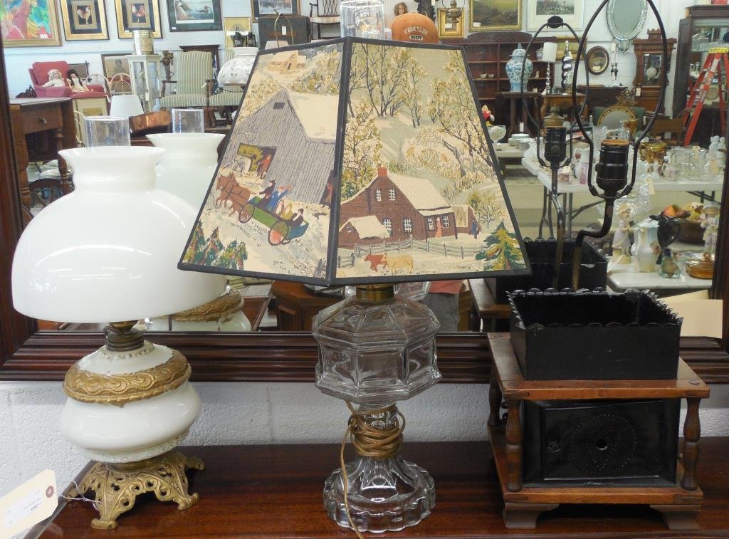Estate Lighting, 3 Pieces: Electrified, (1) Kerosene, H 24", (1) Tin And Wood, Country Style, H 24", (1) Milk Glass, H 19"