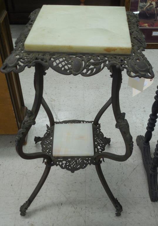 Victorian Plant Stand: Alabaster Surfaces, Pierced Metal Design, 31" X 14 1/2" X 14 1/2"