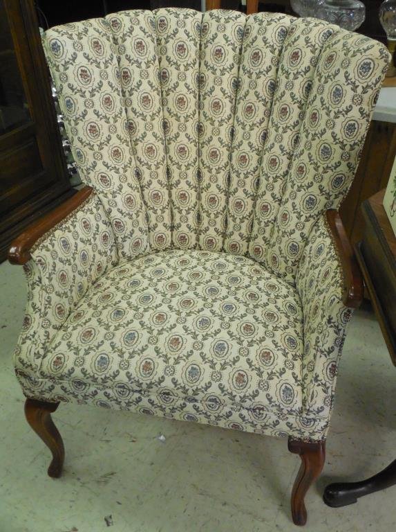 Vintage Wingback Chair: Brocade Upholstery, Tack Embellish, H 36 1/2"
