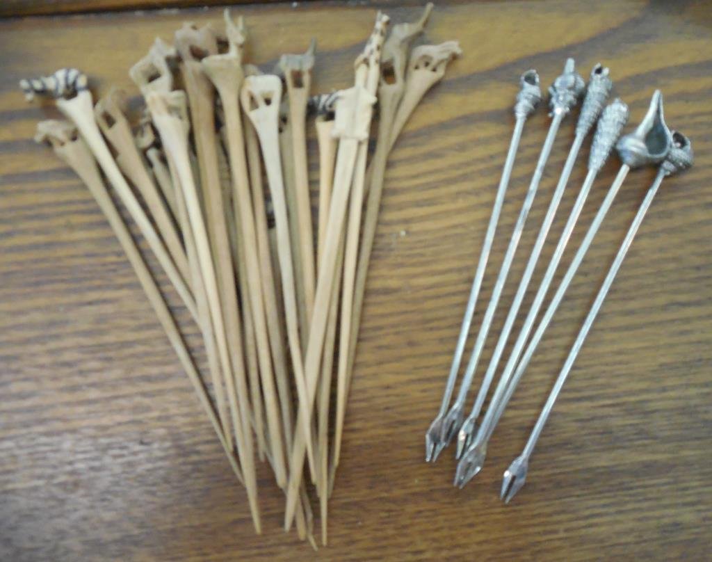 Vintage Cocktail Picks, 30 Pieces: 2 Sets, (24) African Animal Inspired, L 5", (6) Seashell Inspired, L 4 3/4"