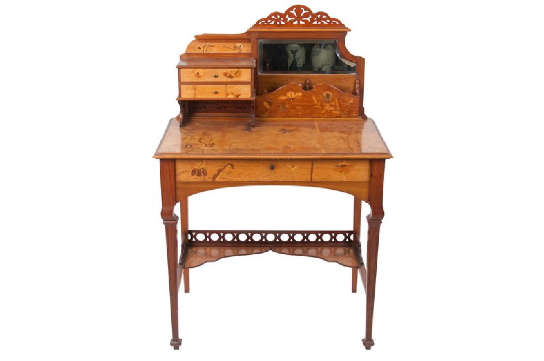 ART NOUVEAU MARQUETRY ESCRITOIRE: attributed to Galle the floral inlaid top with superstructure of drawers and mirror on square tapered legs 31 1/2 inches wide; 20 1/4 inches deep; 46 3/4 inches high