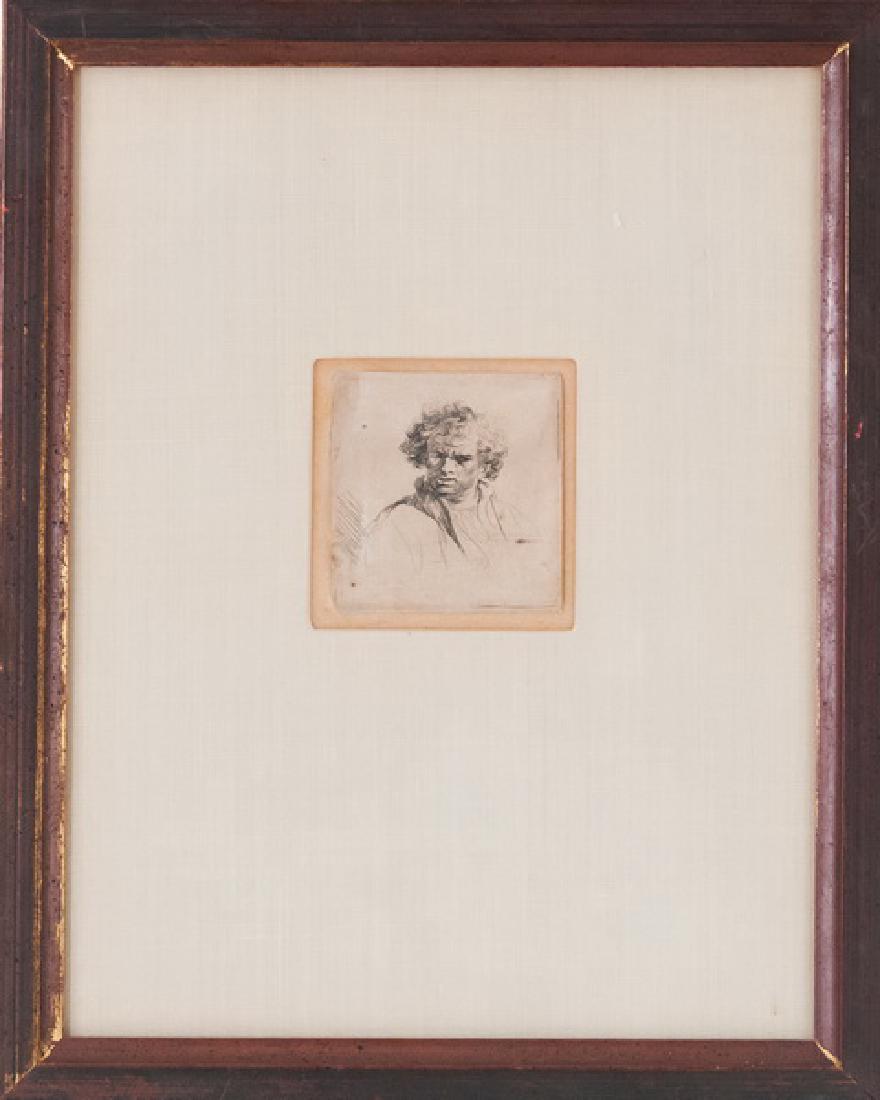 STUDIO OF REMBRANDT VAN RIJN: "CURLY HEADED MAN WITH A: possibly Ferdinand Bol etching 2 1/2 x 2 1/2 inches